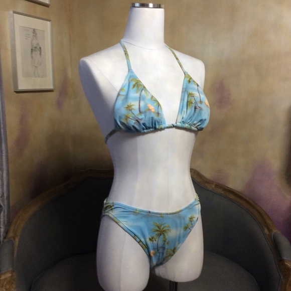 Tropical bikini in sky blue with palm trees, size XL/L - Picture 1 of 10